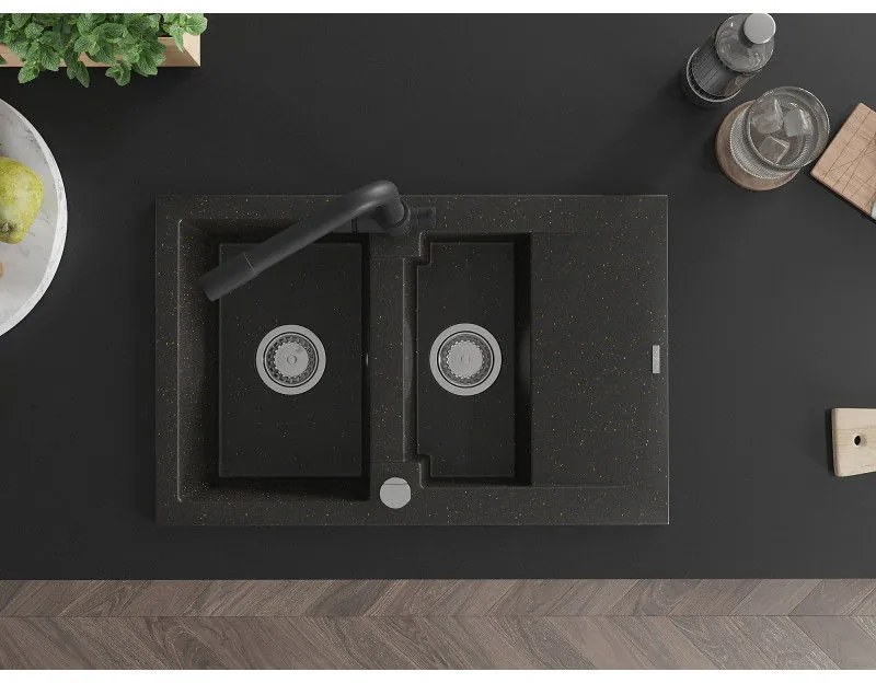 Mexen Gaspar, granitový drez 737x475x177 mm, 1,5-komorový, čierna batéria Duero, čierna-zlatá metalíza, 6507-75-671600-70