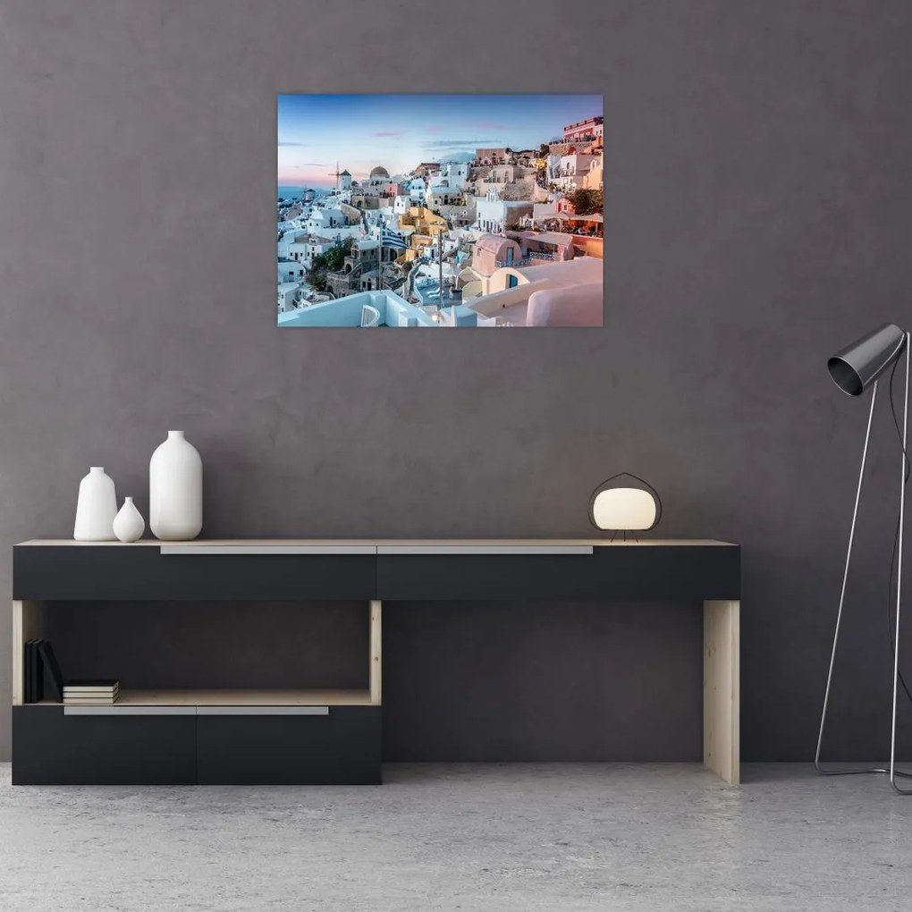 Sklenený obraz - Súmrak v Santorini (70x50 cm)