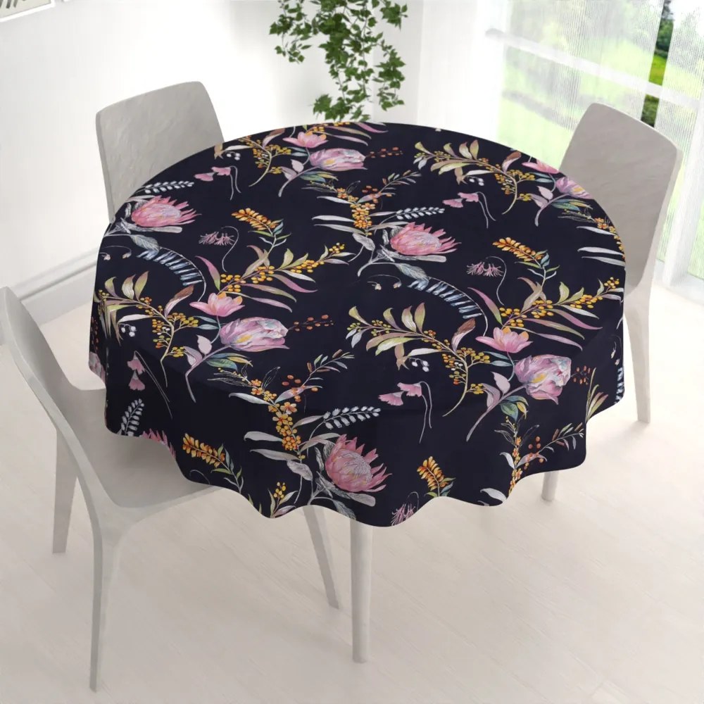Biante Bavlnený okrúhly obrus Sandra SA-427 Dúhové kvety na tmavo modrom Ø 40 cm