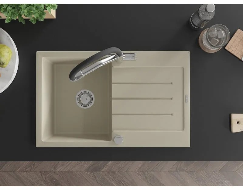 Mexen Bruno, 1-komorový granitový drez 795x495x200 mm a drezová batéria Duo, béžová, 6513-69-671701-07