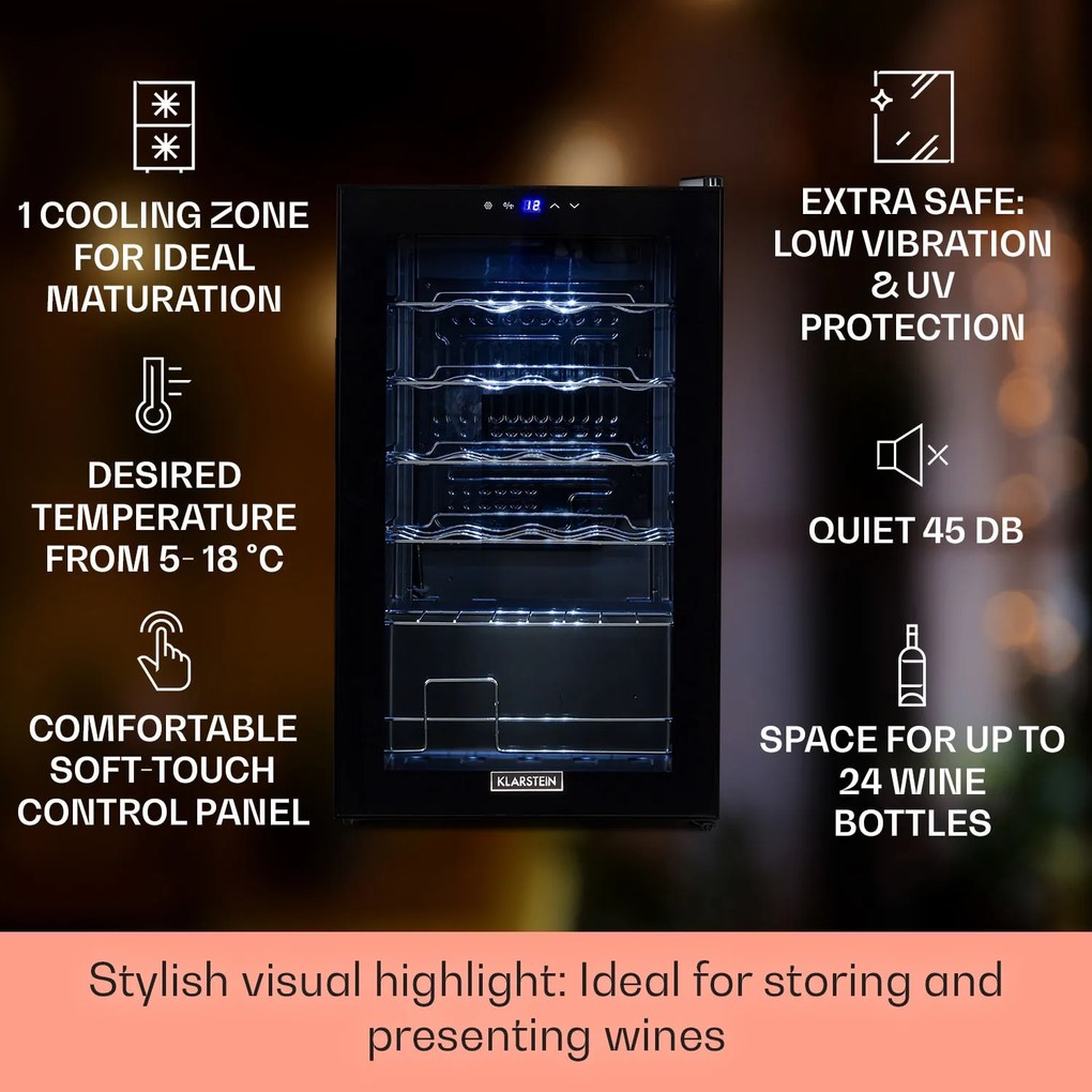 Klarstein Shiraz 24 Uno, vinotéka, 63 l, 24 fliaš, 5-18°C, dotykový ovládací panel