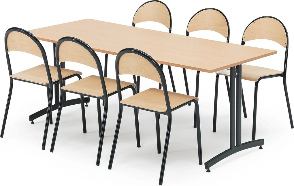 Jedálenská zostava: 1 stôl + 6 stoličiek buk, čierna