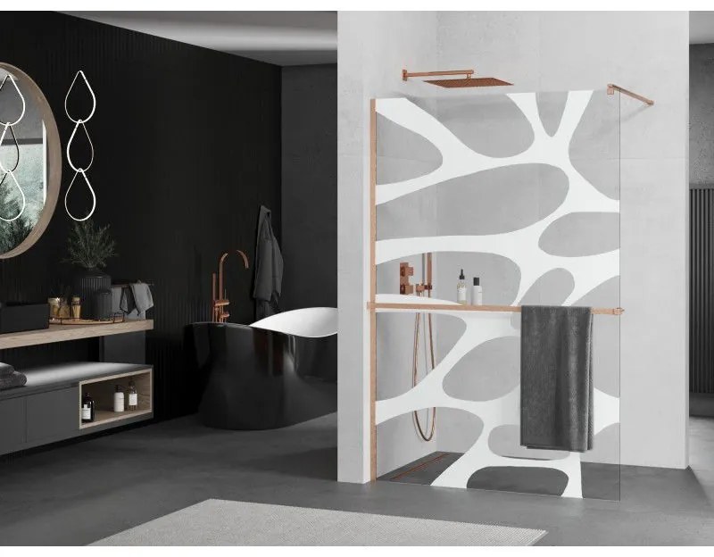 Mexen Kioto+, sprchová zástena Walk-In s poličkou a vešiakom 90 x 200 cm, 8mm číre sklo biely vzor, medený matný profil, 800-090-121-65-97