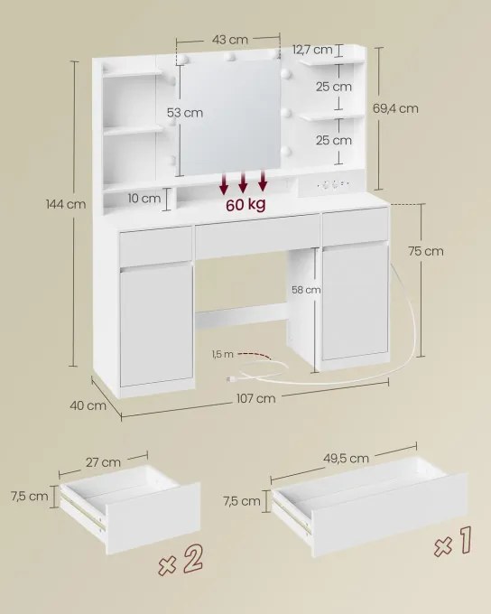 Toaletný stolík so zrkadlom a LED osvetlením RDT142WB02