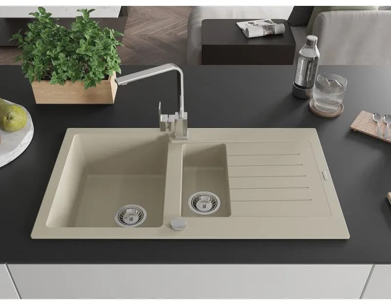 Mexen Matias, granitový drez 900x505x200 mm, 1,5-komorový a chrómová batéria Rita, béžová, 6502-69-670300-00