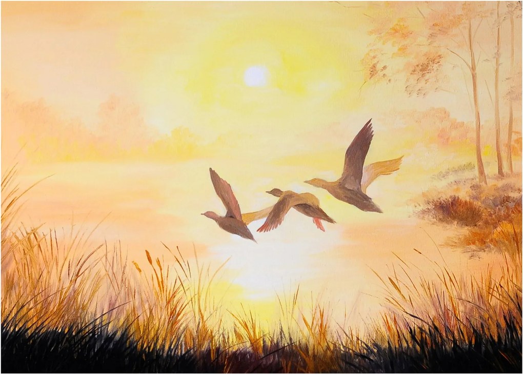 Obraz - Žeriavy pri západe slnka (70x50 cm)
