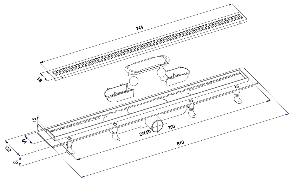 Polysan, INDY sprchový kanálik s nerezovým roštom, superflow, DN50, 810x122x65 mm, 73651