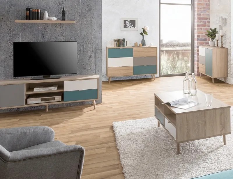 TV skrinka Cuba, dub/biela/šedá/petrolejová