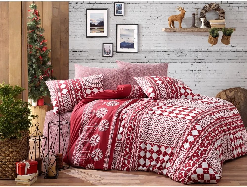 Obliečky s plachtou na jednolôžko z ranforce bavlny Nazenin Home Deer Claret Red, 140 × 200 cm