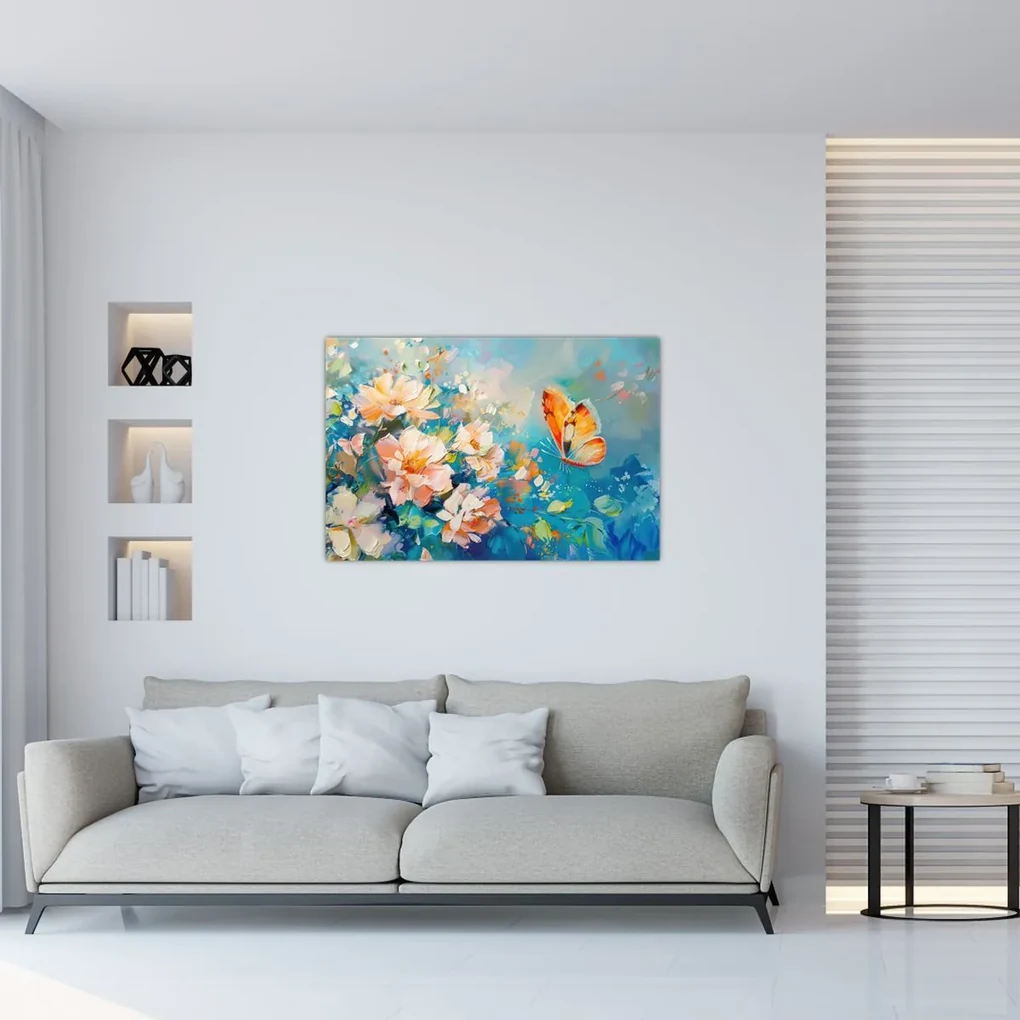 Obraz - Motýľ a kvety, olejomaľba II. (90x60 cm)