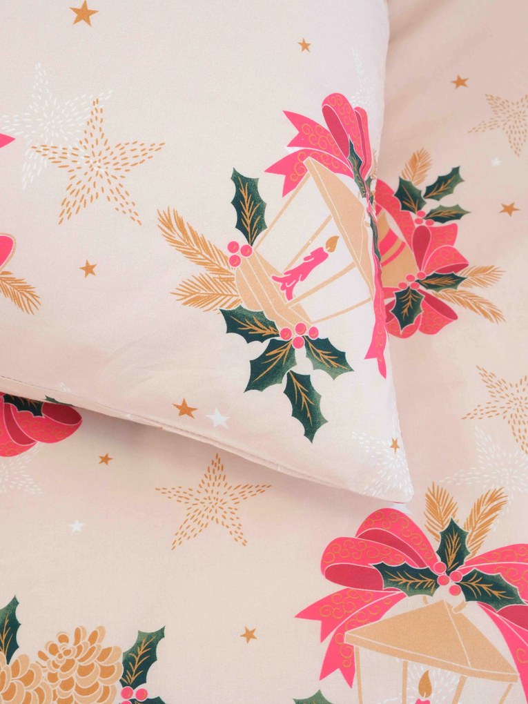 Vianočné predĺžené bavlnené obliečky Renforcé - Vianočné zvončeky béžové