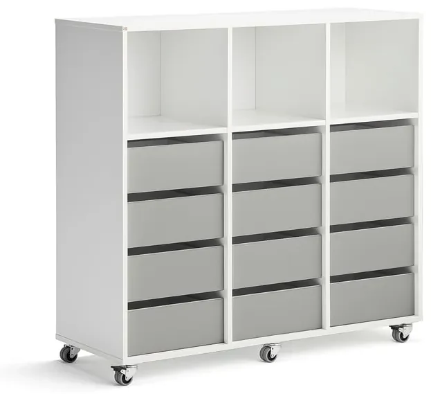 Študentská úložná skrinka CASPER, 12 zásuviek, 3 horné priehradky, biela, šedá