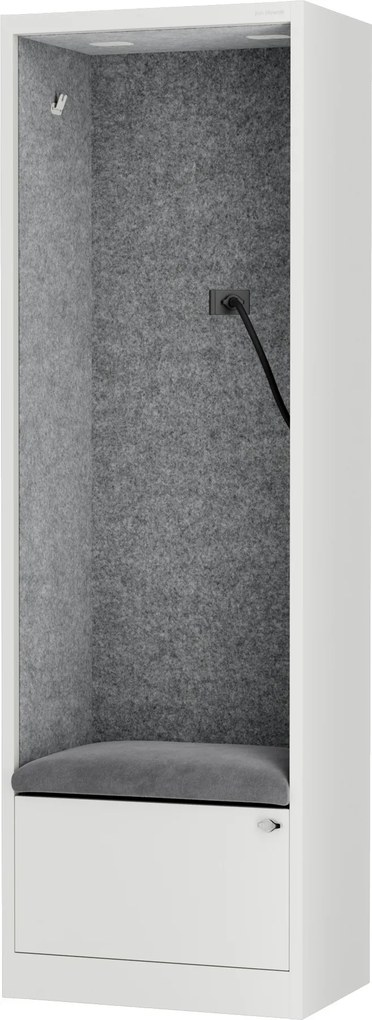 Kancelárska akustická kabína so sedadlom a portom USB-C, telo v biely / sedák sivá v zelenej farbe, 600 mm: SALLY MentalBox