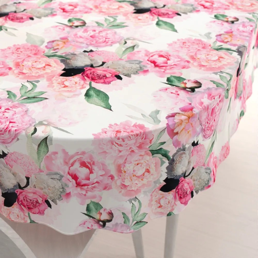 Biante Zamatový oválny obrus Tamara TMR-037 Ružové pivonky na bielom 130x220 cm
