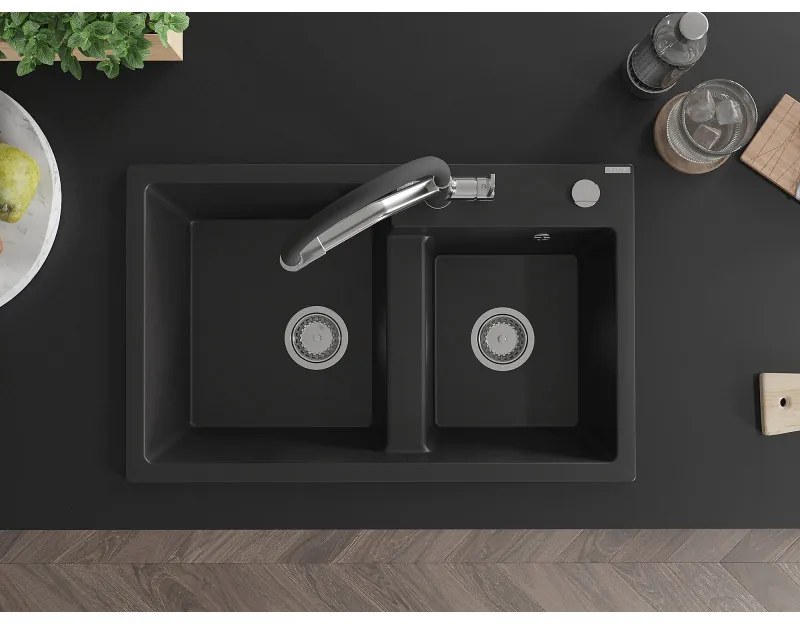 Mexen Tomas, 2-komorový granitový drez 800x500x190 mm a kuchynská batéria Duo, čierna, 6516-77-671701-07