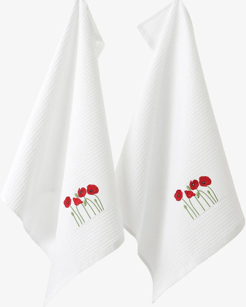 Goldea kuchynská vaflová utierka s výšivkou - vlčie maky na bielom 50 x 70 cm