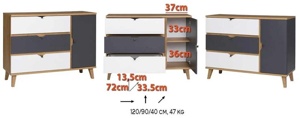 Komoda Mimone K1D3SZ (dub zlatý + biela matná + grafit). Akcia -18%. Vlastná spoľahlivá doprava až k Vám domov. 1051784