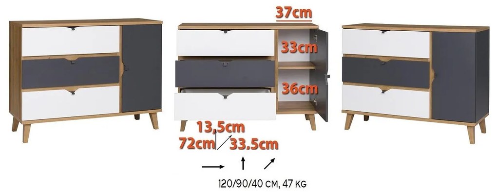 Komoda Mimone K1D3SZ (dub zlatý + biela matná + grafit). Akcia -21%. Vlastná spoľahlivá doprava až k Vám domov. 1051784