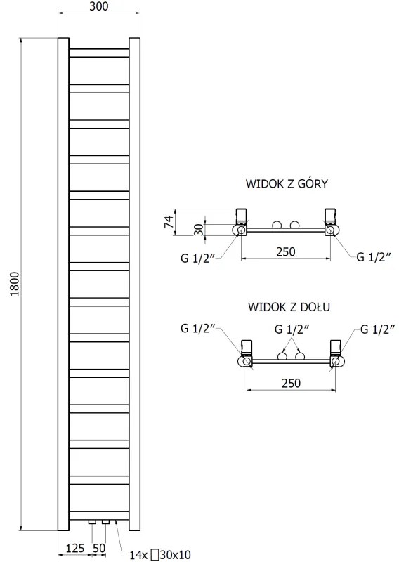Mexen Bolt, vykurovacie teleso 1800 x 300 mm, 351 W, spodné a stredové, čierna, W126-1800-300-00-70