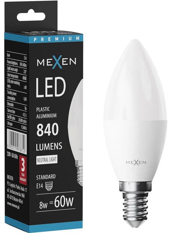 Mexen Nova, LED žiarovka E14, C37, 8W, teplá - 3000K, 840 lm - L102-E14-0830-01