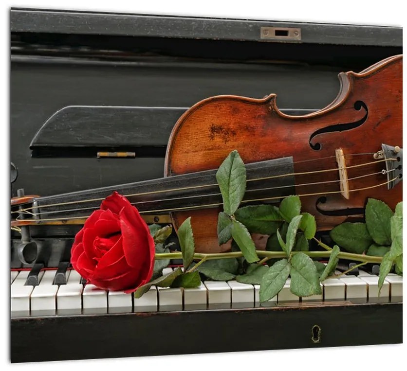 Obraz husle a ruže na klavíri