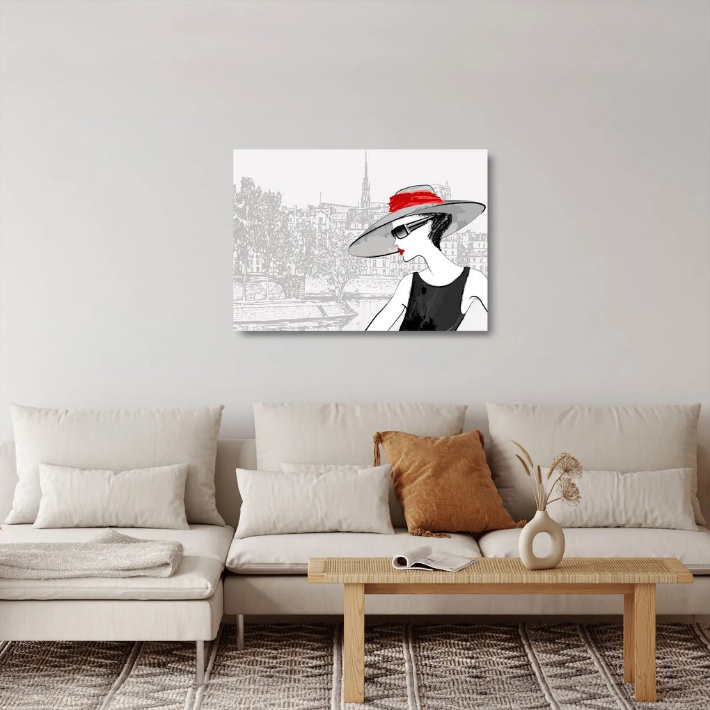 Sklenený obraz - Dáma v meste (70x50 cm)