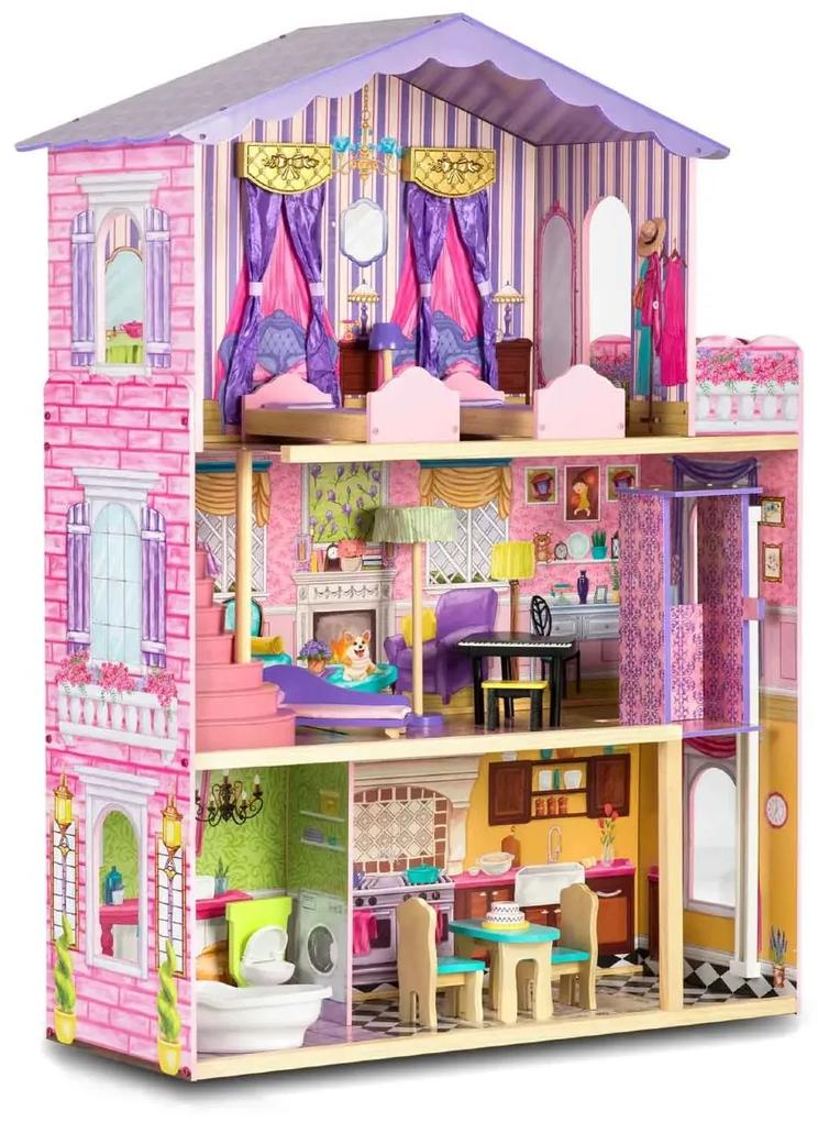 Drevený domček pre bábiky + nábytok + výťah | ružový