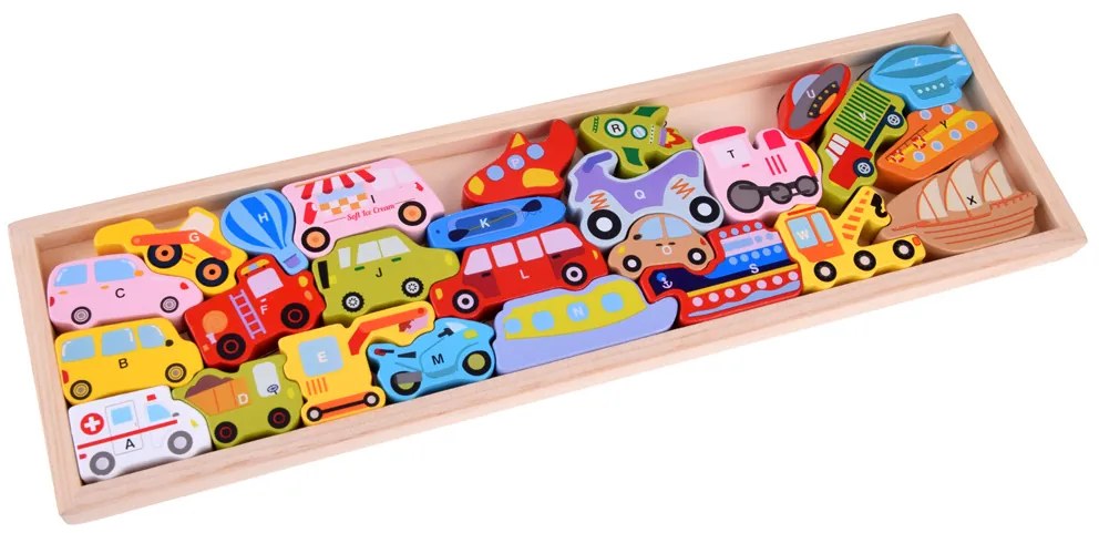 Drevené puzzle Vozidlá s písmenkami 27 dielikov Inlea4Fun