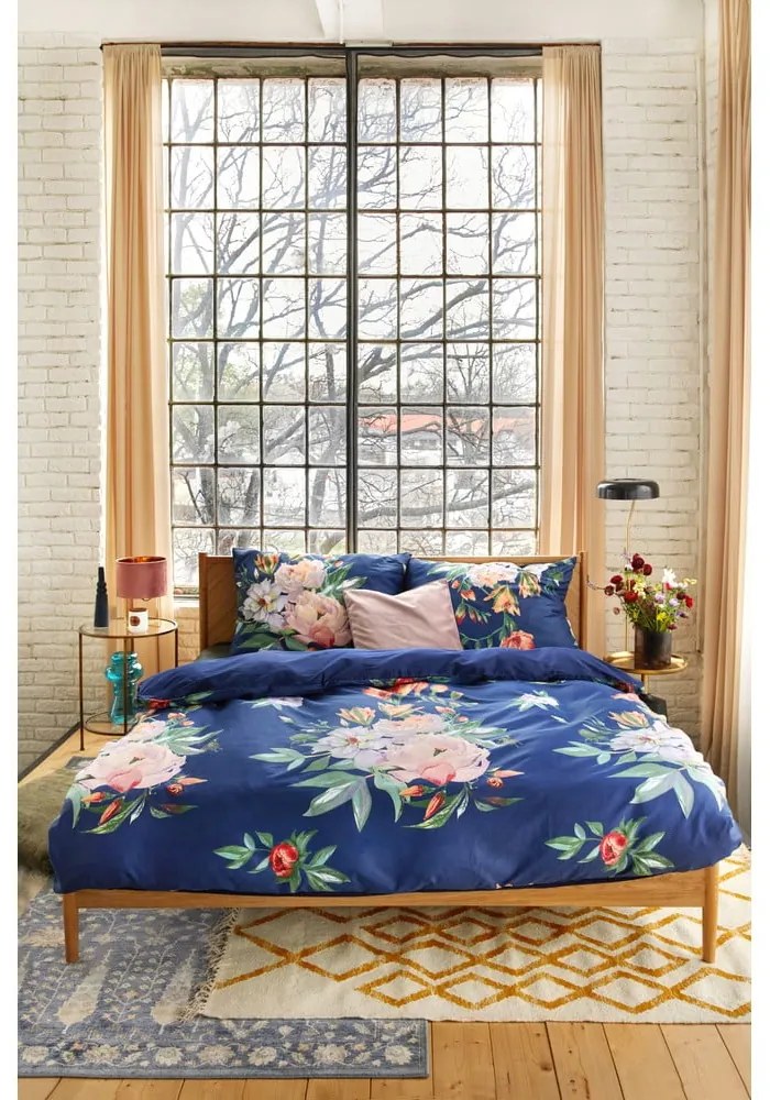 Námornícky modré obliečky na dvojlôžko z bavlneného saténu Bonami Selection Floret, 200 x 200 cm