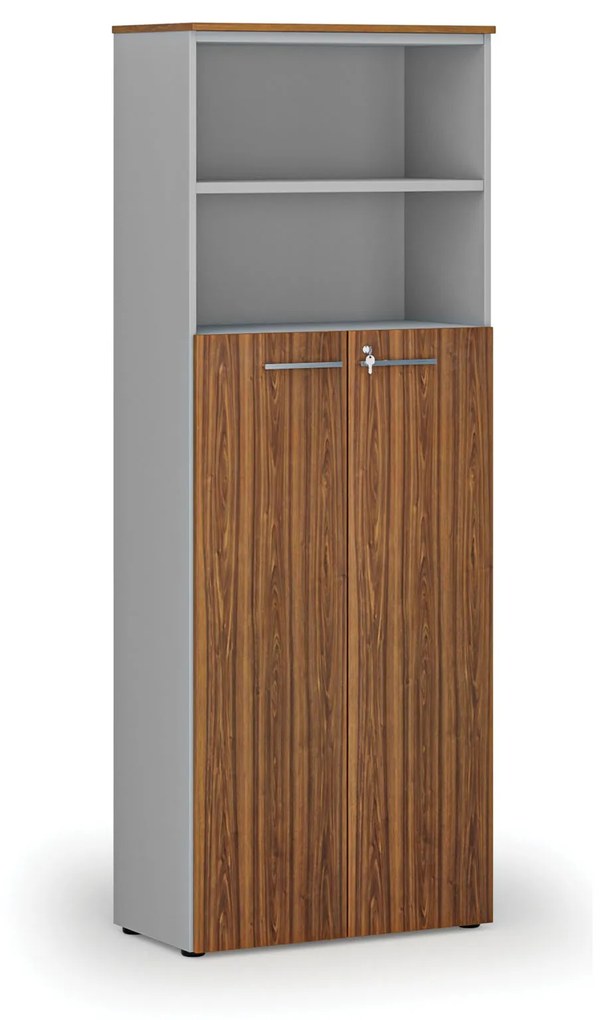 Kombinovaná kancelárska skriňa PRIMO GRAY, dvere na 4 poschodia, 2128 x 800 x 420 mm, sivá/orech