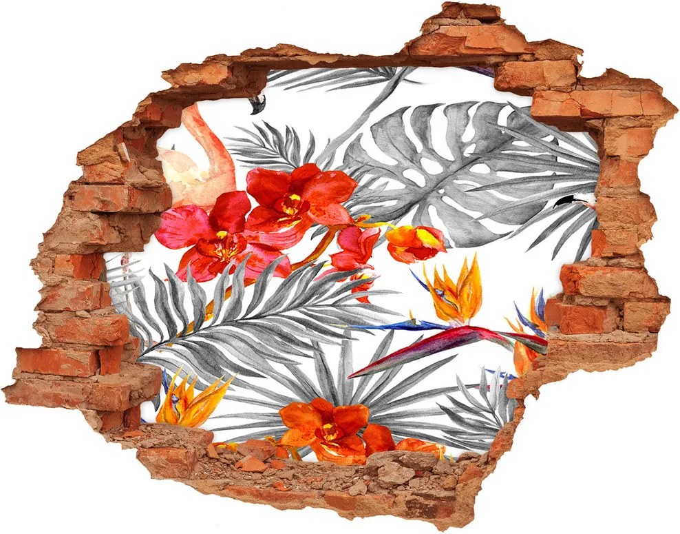 Diera 3D fototapeta nálepka Plameniaky a kvety WallHole-cegla-90x70-115695348