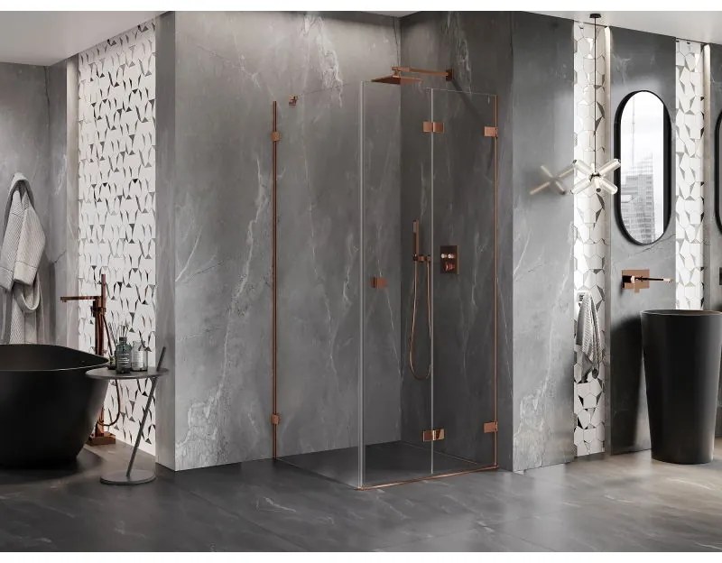 Mexen Lunar-F, 1-krídlový sprchový kút so skladacími dverami, pravý, 70 x 70 cm, 8mm číre sklo, ružové zlato profil, 836-070-070-60-00-P