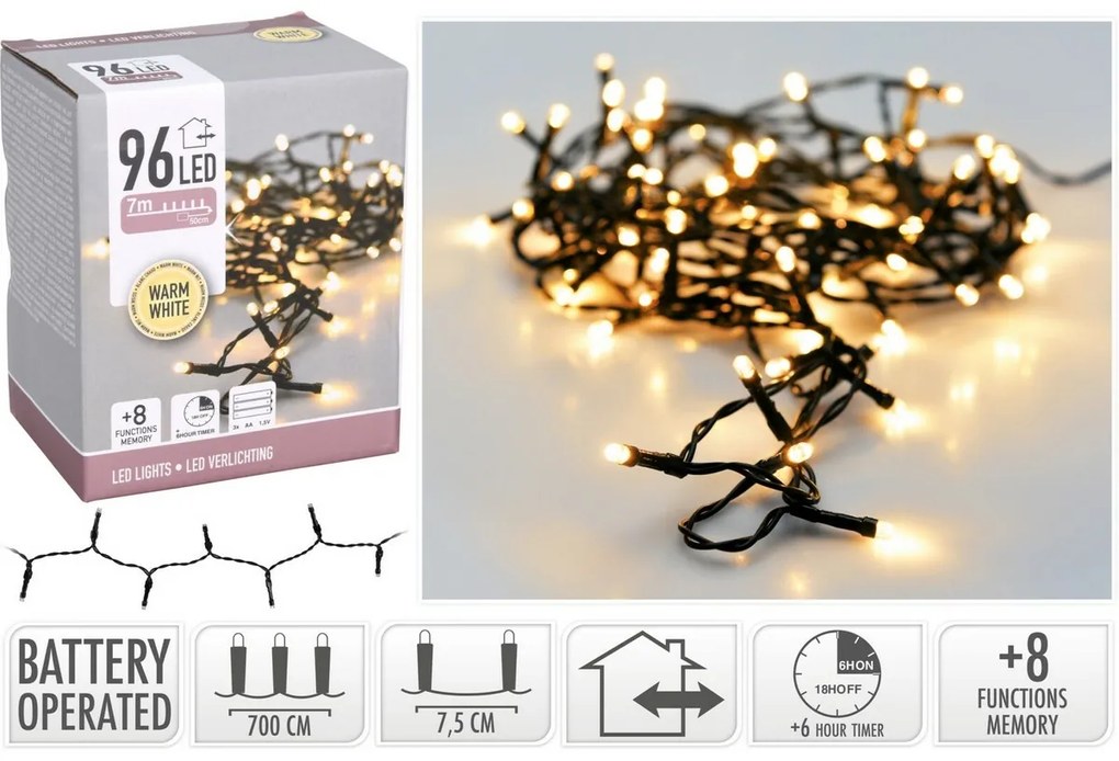 LED Vianočná vonkajšia reťaz teplá biela, 96x LED, 7 m, na batérie 3x AA, časovač