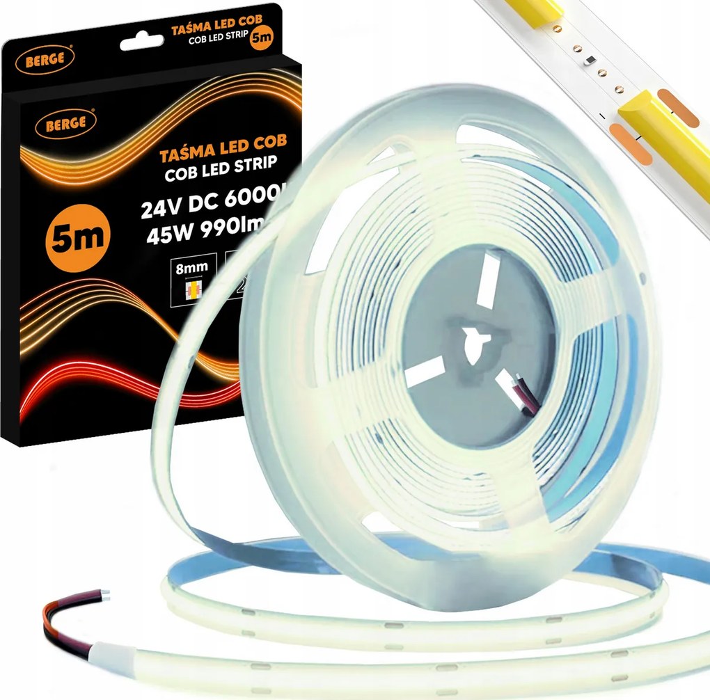 BERGE LED pásik COB Neon 24V - 480D - 9W/m - IP20 - 990lm - 5m - studená farba