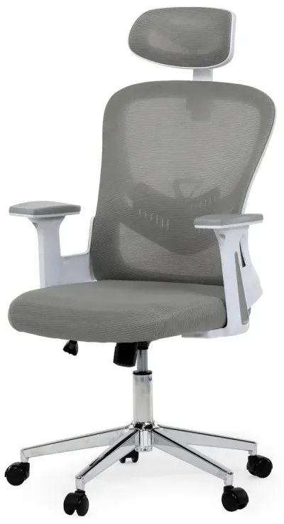 Kancelářská židle, šedá síťovina, bílý plast, kolečka na tvrdé podlahy, 2D područky