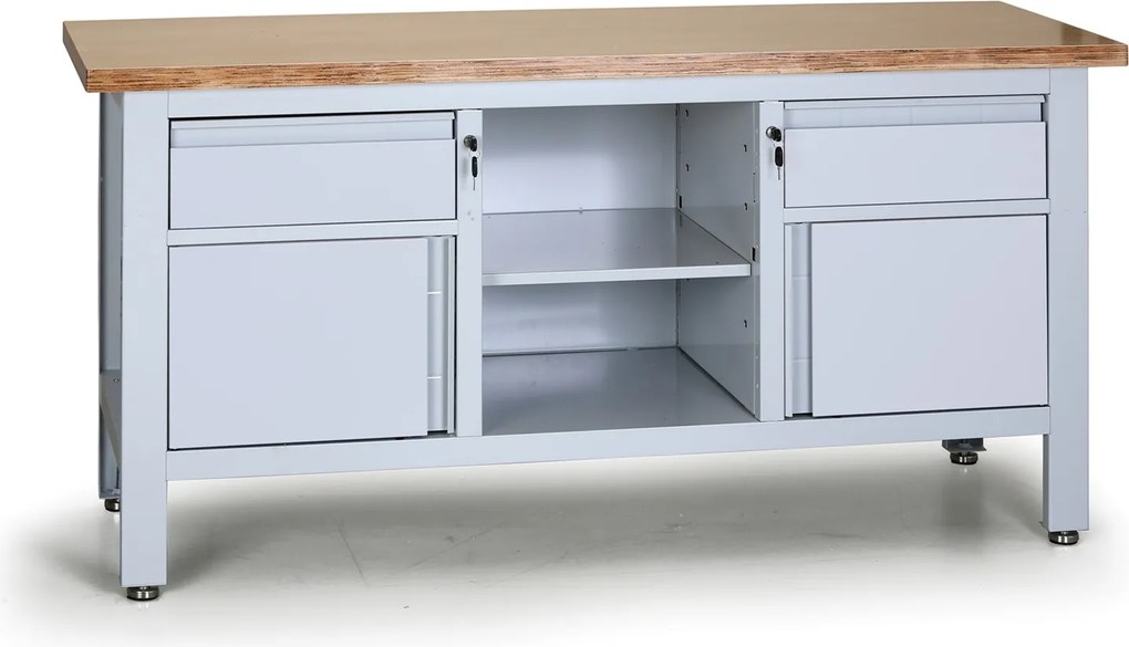 Pracovný stôl do dielne EXPERT, 2 zásuvky, 2 skrinky, 1 polica, 1690 x 600 x 860 - 900 mm, sivá