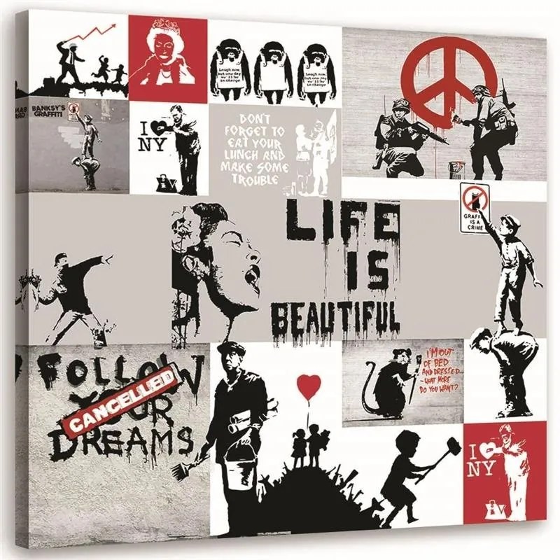 Gario Obraz na plátne Banksy mural - koláž diel streetartového umelca Rozmery: 50 x 50 cm