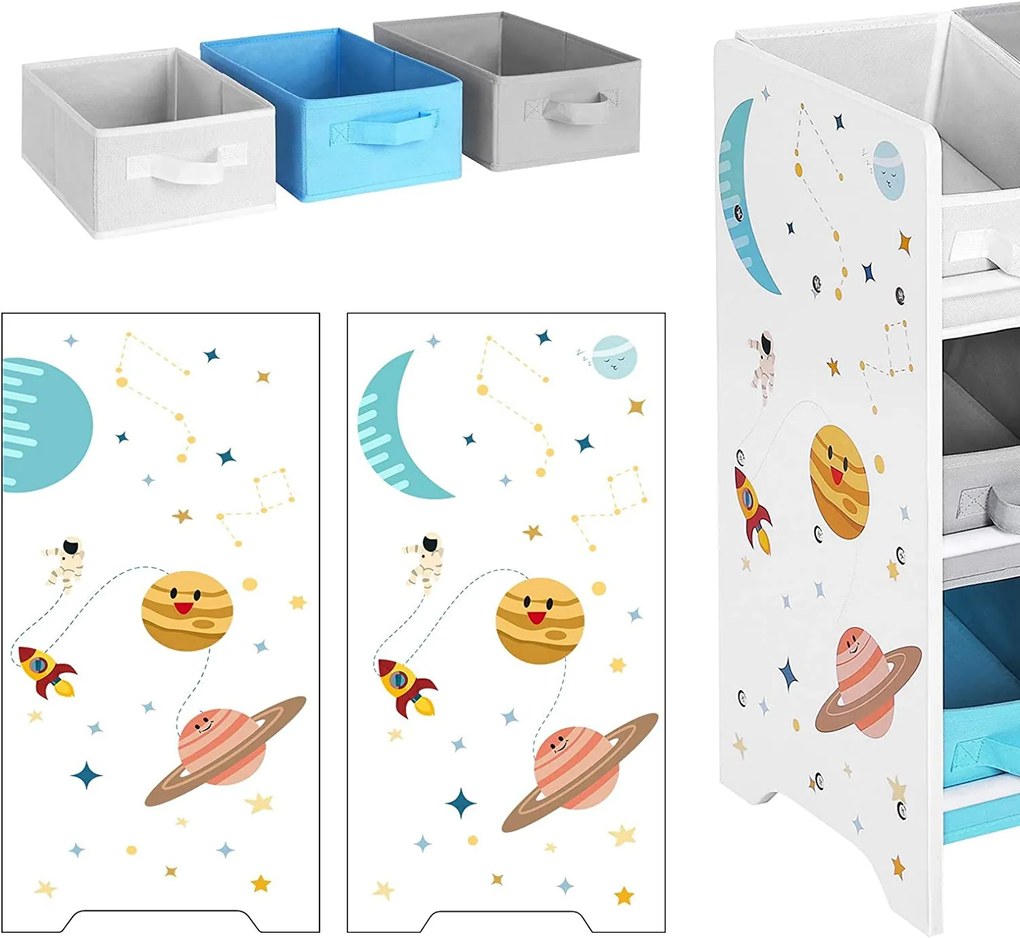 SongmicsHome Regál na hračky VESMÍR, 9 boxov, 62,5x29,5x60cm, biela s nálepkami