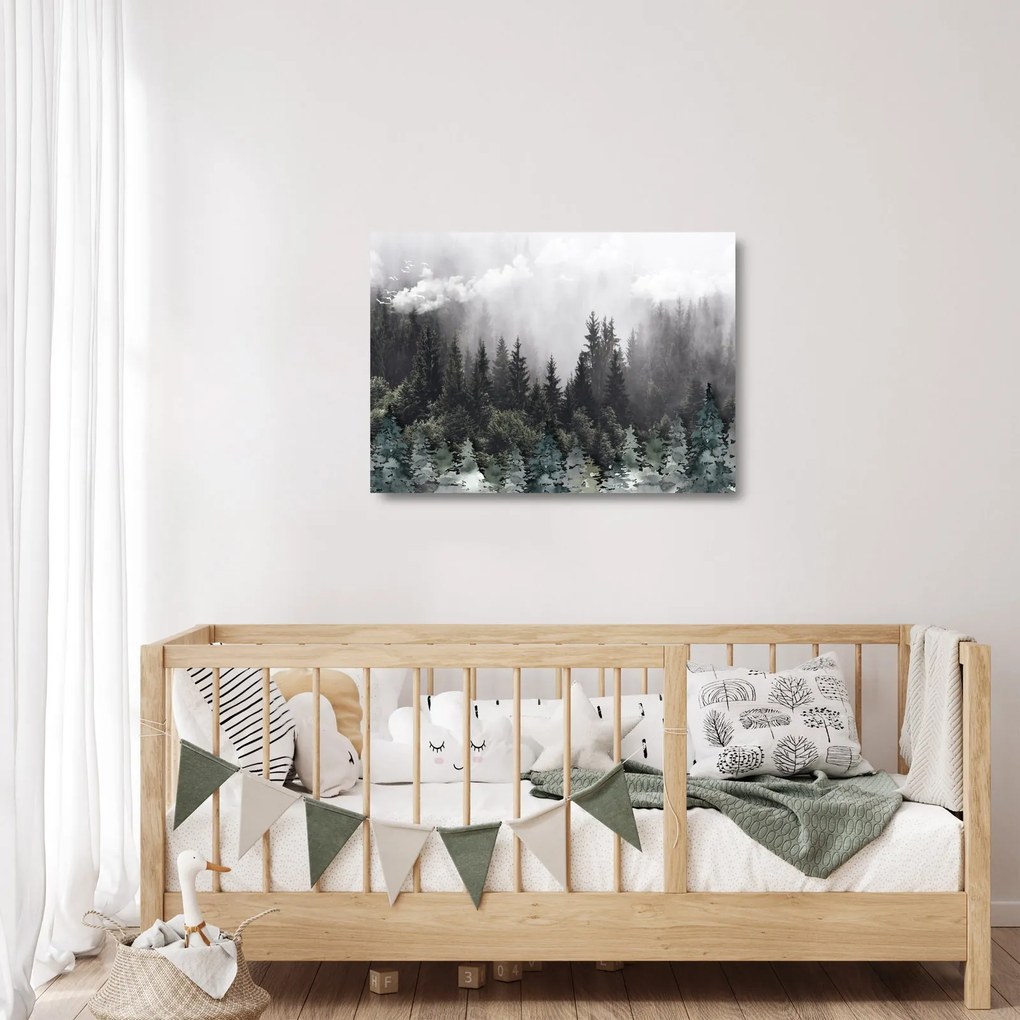 Sklenený obraz - Les s ilustrovanými prvkami (70x50 cm)