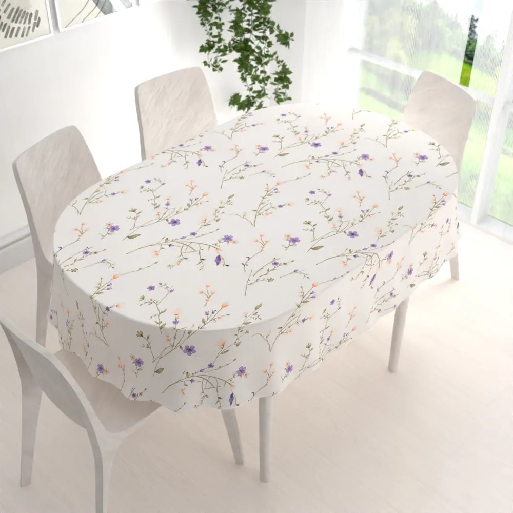Biante Bavlnený oválny obrus Sandra SA-382 Fialové lúčne kvietky na krémovom 60x100 cm