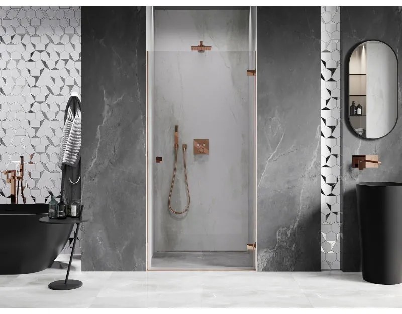 Mexen Lunar-B, Otočné pravé sprchové dvere 80 cm, 8mm číre sklo, ružové zlato profil, 832-080-000-60-00-P