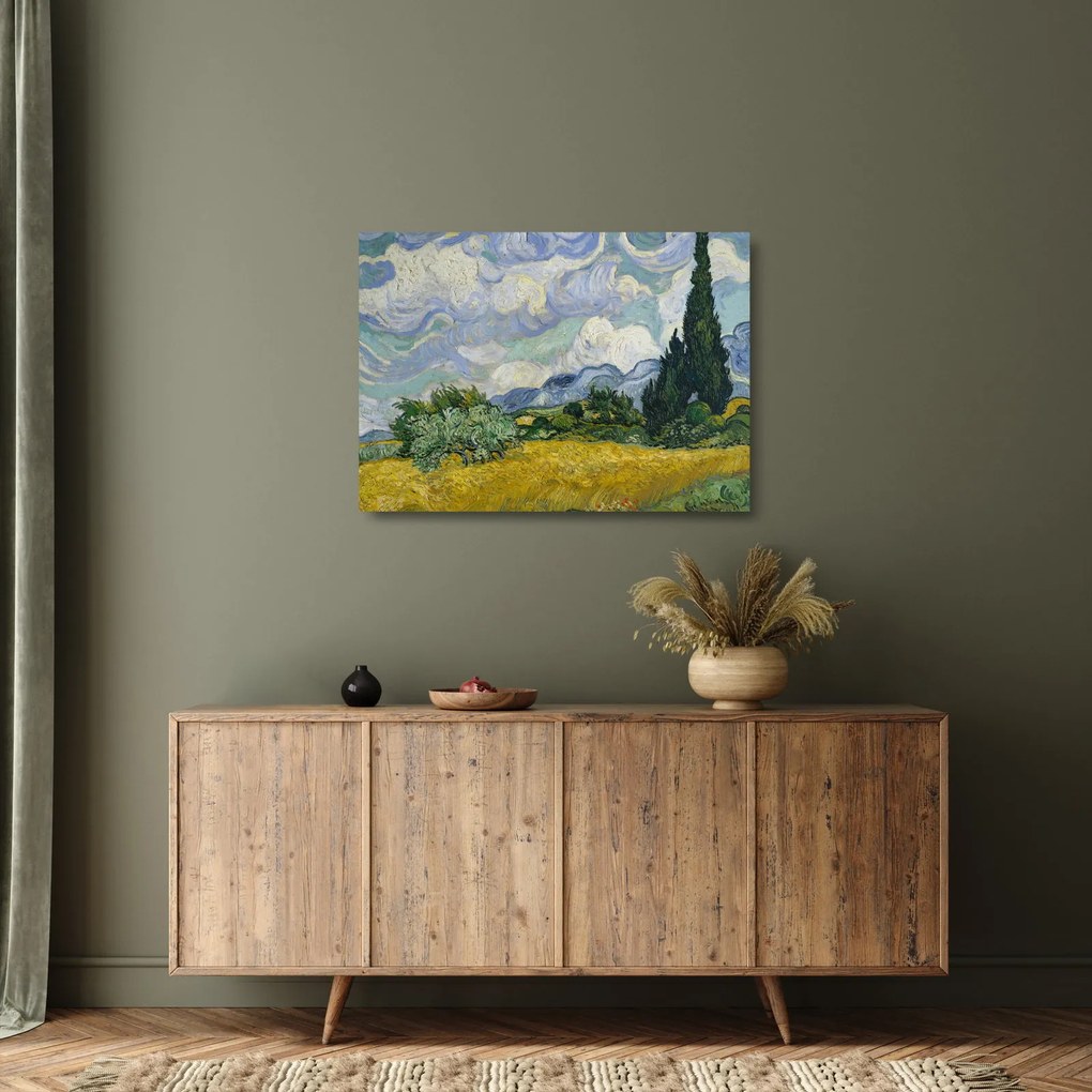 Sklenený obraz - Vincent van Gogh, Wheat Field with Cypresses, reprodukcia (70x50 cm)