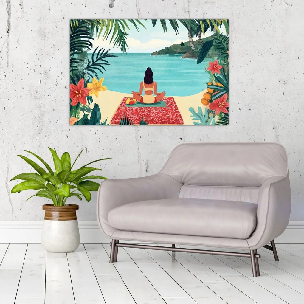Obraz - Jogínka na pláži (90x60 cm)