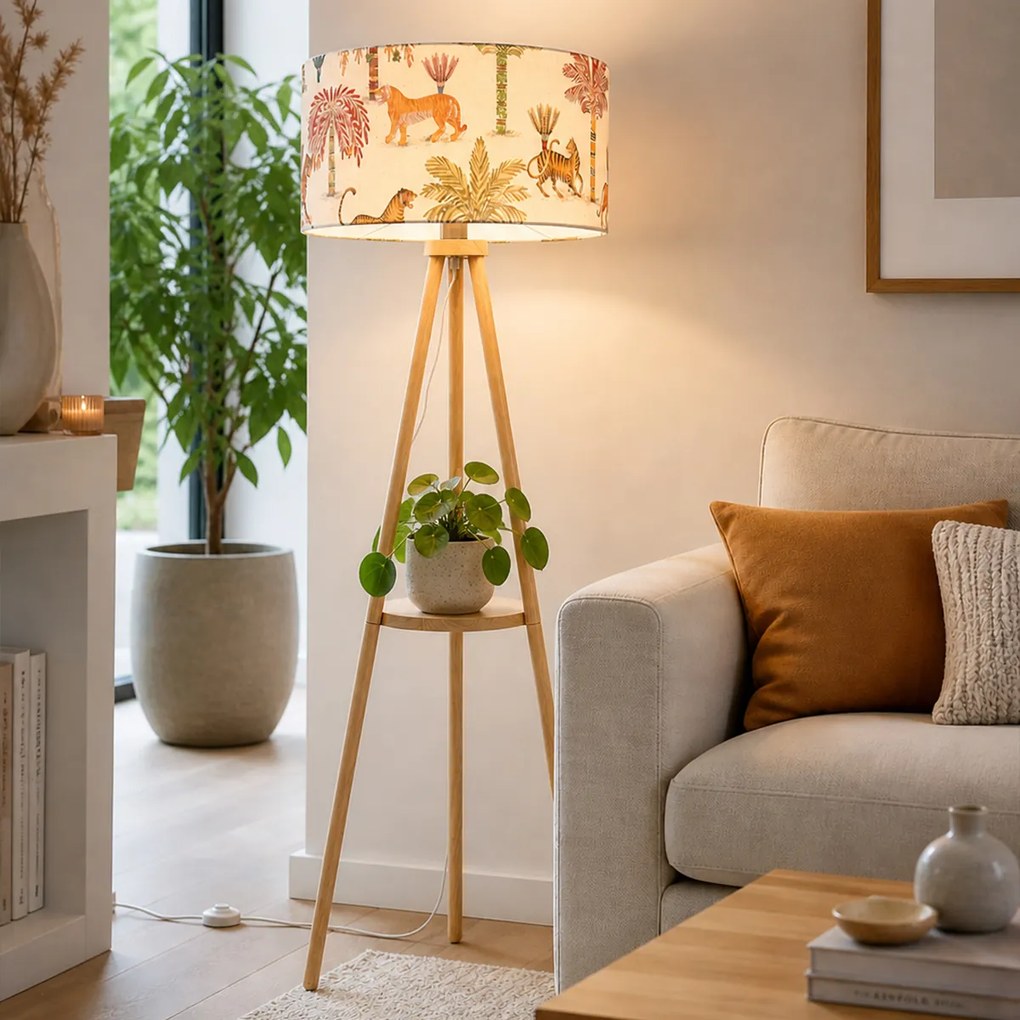 Drevená stojacia lampa s trojnožkou s viacfarebným tienidlom so zvieracou potlačou 50 cm - Lou