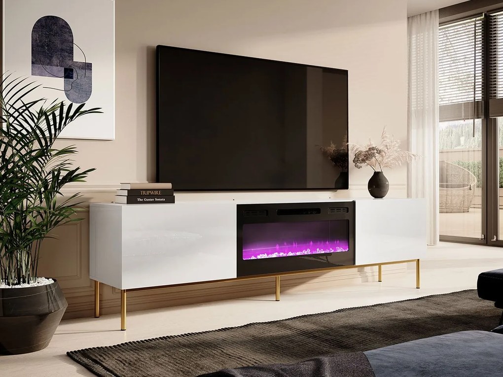 TV stolík Koda 200, Farby: čierny / čierny lesk + zlatá, Krb: biely