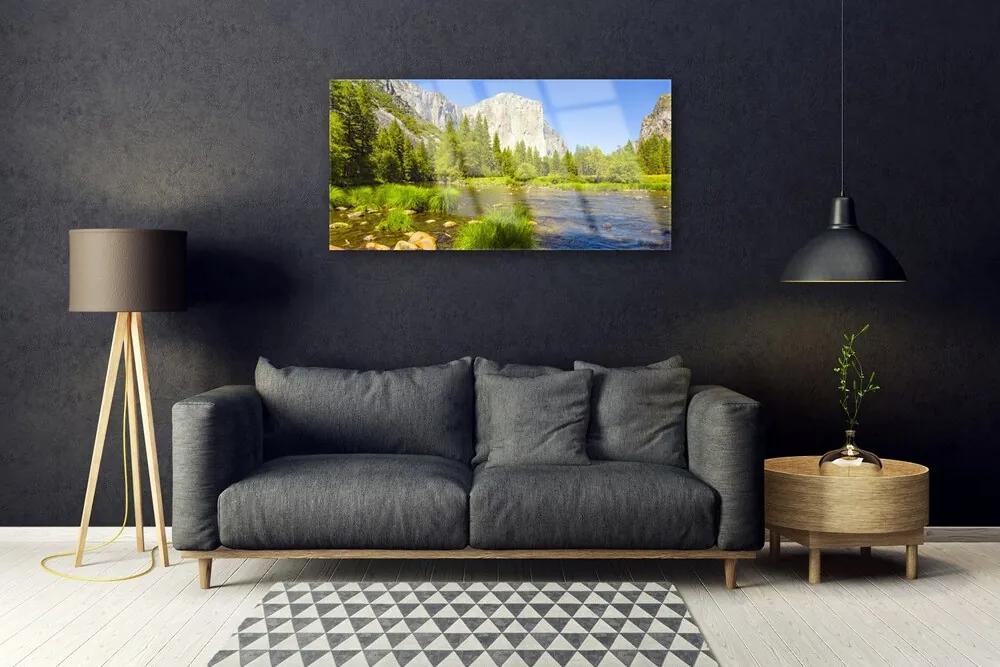 Skleneny obraz Jazero hora les príroda 100x50 cm