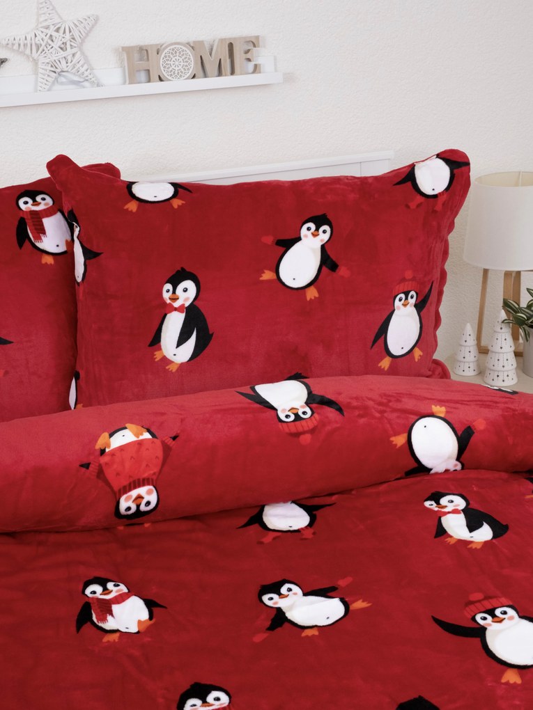 Predĺžené obliečky mikroplyš Exclusive – Tučniaci červené