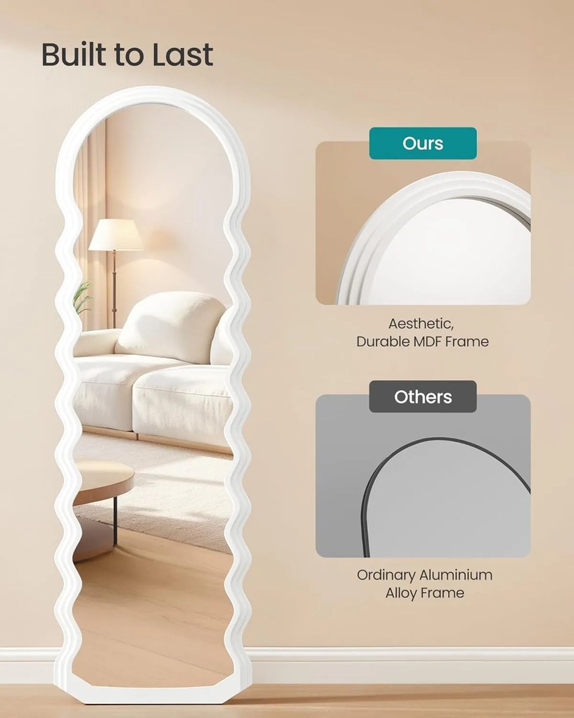 SONGMICS stojanové zrkadlo, vlnité podlahové zrkadlo so stojanom, 160 x 50 cm, biele