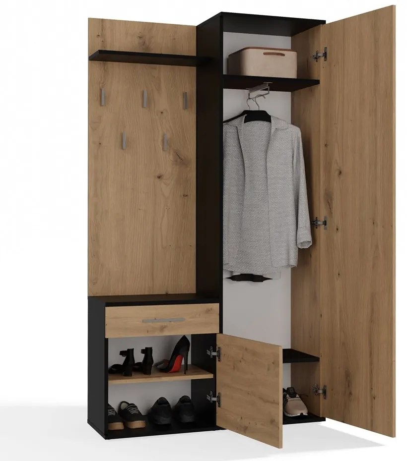 Predsieňová stena so zrkadlom a šuplíkmi DUO dub artisan/antracit