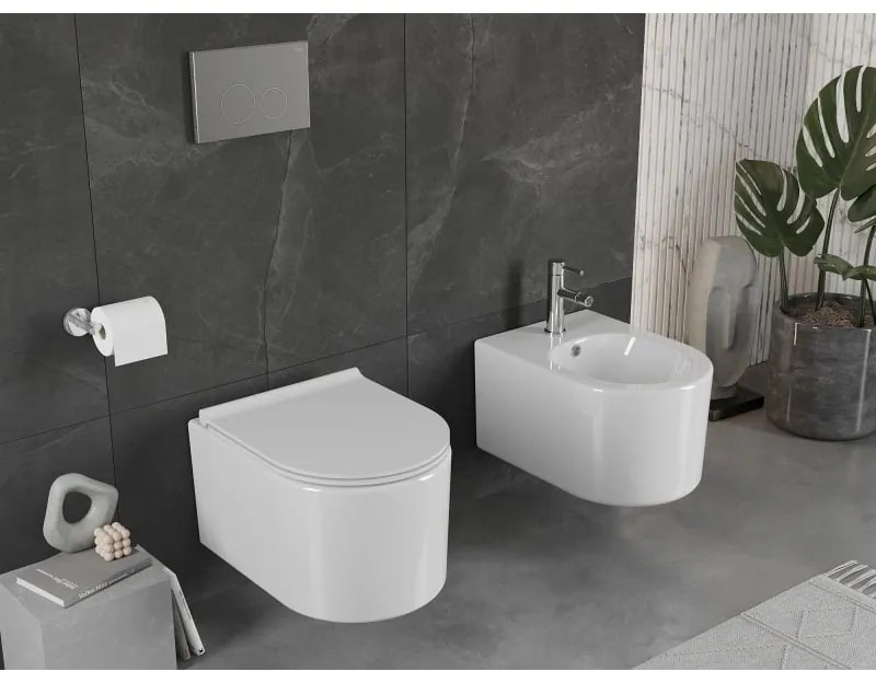 Mexen Sofia, závesná WC misa 490x360x355 mm, Rimless Tornádo + toaletné WC sedadlo z duroplastu, biela lesklá, 30540500